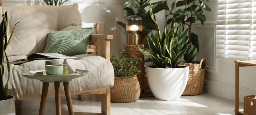 Light-filled living space with indoor plants and natural materials in a The Woodlands home