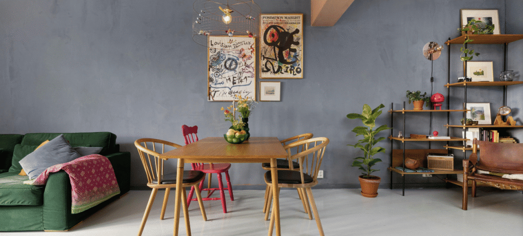 Inviting living and dining space with layered textures, natural wood, and mixed materials
