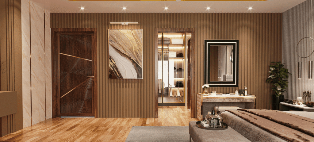 Luxury bedroom with warm wood finishes and a sophisticated transitional design