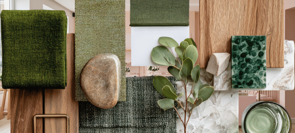 Interior design material palette featuring natural wood, green textiles, stone, and organic textures