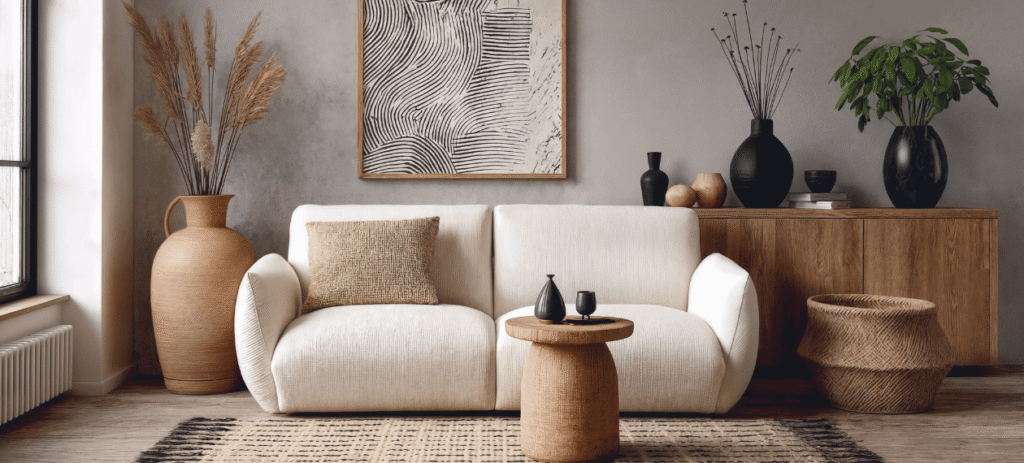 Transitional living room combining warm neutrals, natural materials, and timeless furnishings