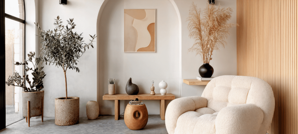 Warm neutral living room showcasing interior design trends in The Woodlands, TX