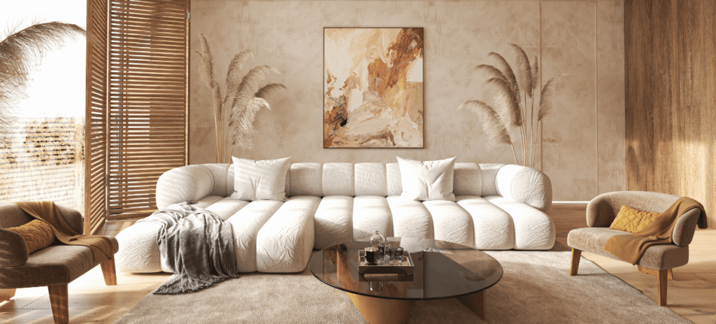 Warm neutral living room with beige tones, natural wood, and layered textures