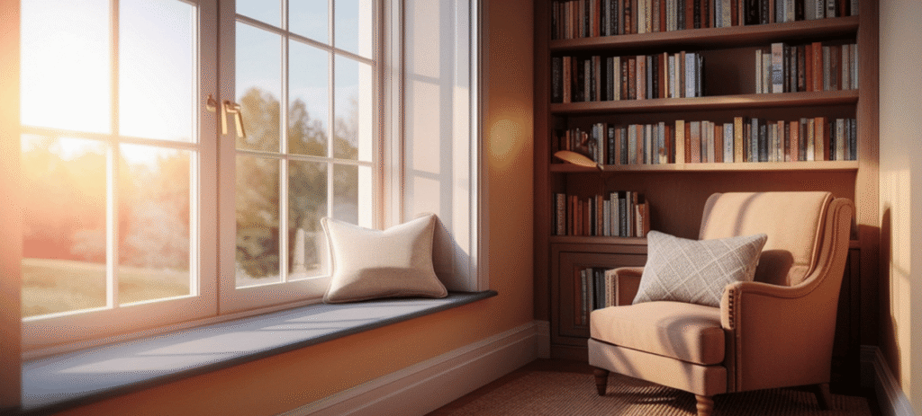 Peaceful reading nook with natural light and comfortable seating in a The Woodlands home